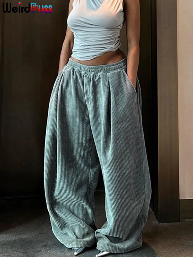 Y2K Casual Wide-Leg Pants Women Autumn Loose Simple Basic Pocket High Waist Trousers Corduroy Streetwear Long Bottoms