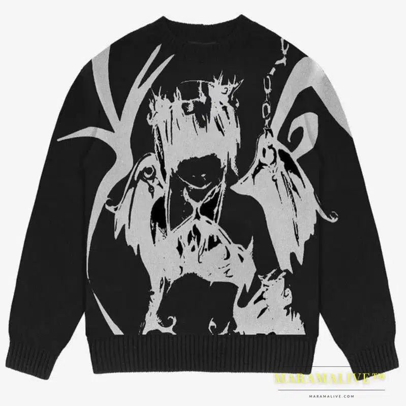 Y2K Goth Spider Web Print Pattern Long Sleeve Knit Men Pullover Autumn Winter Streetwear Casual Grunge Women Sweater