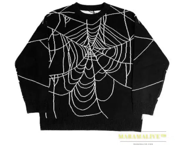 Y2K Goth Spider Web Print Pattern Long Sleeve Knit Men Pullover Autumn Winter Streetwear Casual Grunge Women Sweater