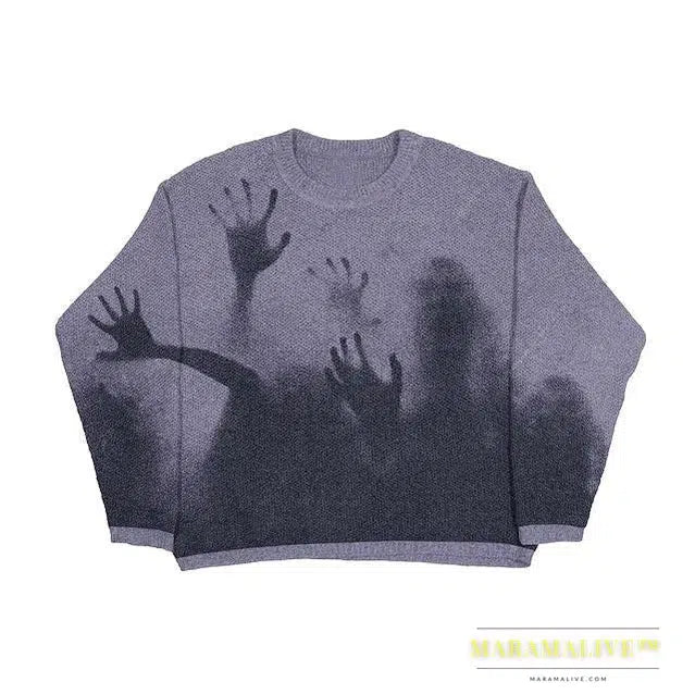 Y2K Goth Spider Web Print Pattern Long Sleeve Knit Men Pullover Autumn Winter Streetwear Casual Grunge Women Sweater