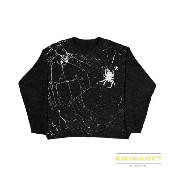 Y2K Goth Spider Web Print Pattern Long Sleeve Knit Men Pullover Autumn Winter Streetwear Casual Grunge Women Sweater