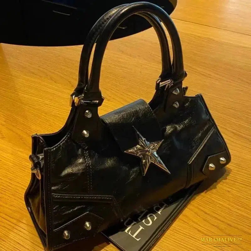 Y2K Gothic Star Girl Large Capacity Handbag - Black Vintage PU Crossbody Punk Tote