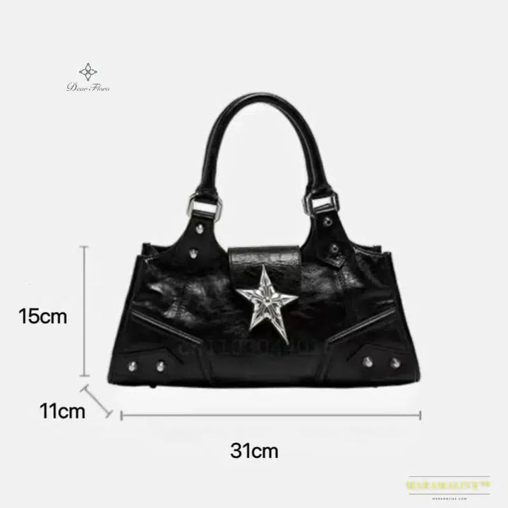 Y2K Gothic Star Girl Large Capacity Handbag - Black Vintage PU Crossbody Punk Tote