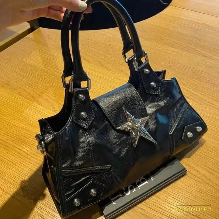 Y2K Gothic Star Girl Large Capacity Handbag - Black Vintage PU Crossbody Punk Tote