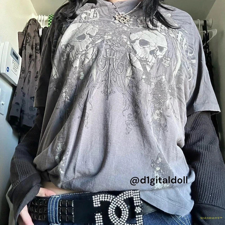 Y2K Grunge Mall Goth Top Patchwork Full Sleeve Baggy Pullovers Tees Japanese Edgy 00s Retro E-girl Gothic Emo T-shirt