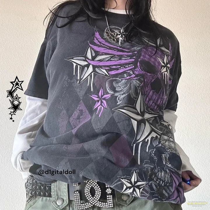 Y2K Grunge Mall Goth Top Patchwork Full Sleeve Baggy Pullovers Tees Japanese Edgy 00s Retro E-girl Gothic Emo T-shirt