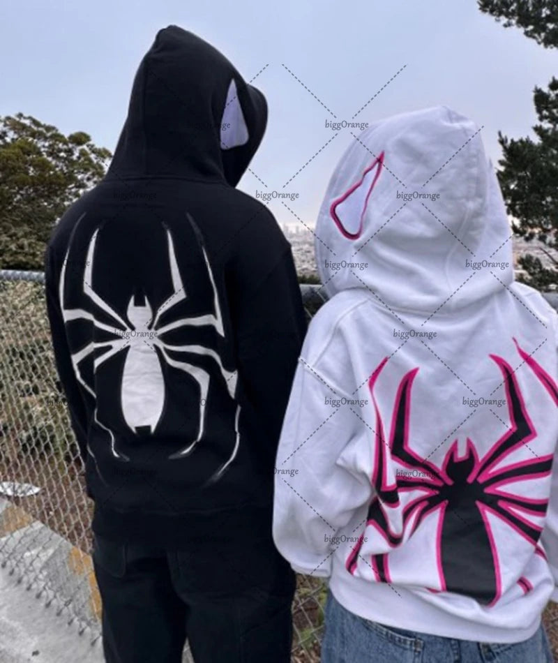 Y2K Harajuku Trendy Streetwear Gothic Punk Style Spider Print Zipper Hoodie Couple American Retro Casual Oversized Sweatshirt