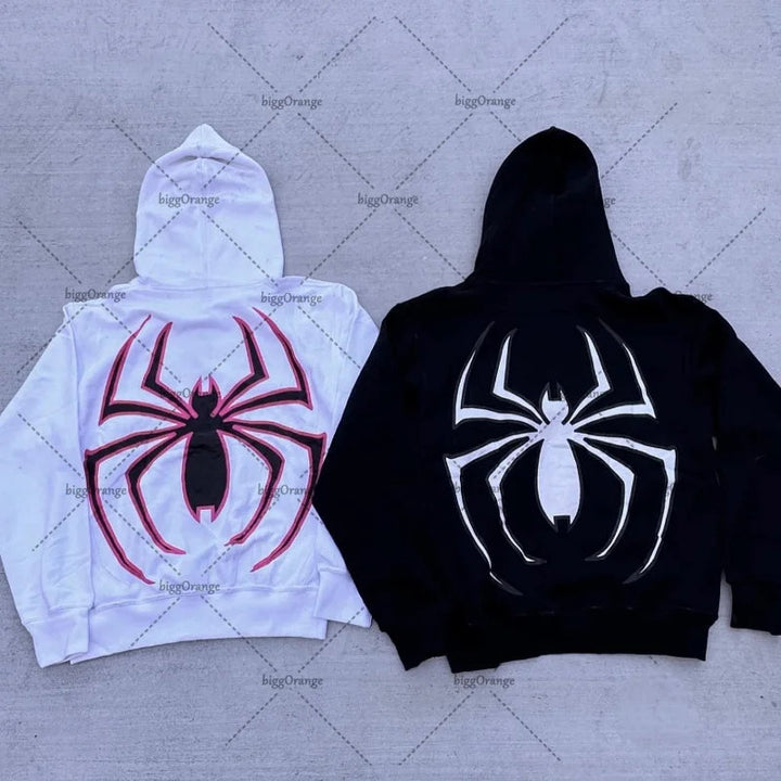 Y2K Harajuku Trendy Streetwear Gothic Punk Style Spider Print Zipper Hoodie Couple American Retro Casual Oversized Sweatshirt