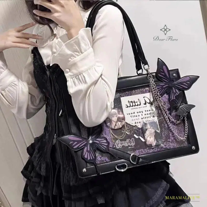 Y2K Labyrinth Butterfly Spider-Web Letter Chain Handbag: Transparent DIY Ita Bag, Vintage Gothic Lolita Tote