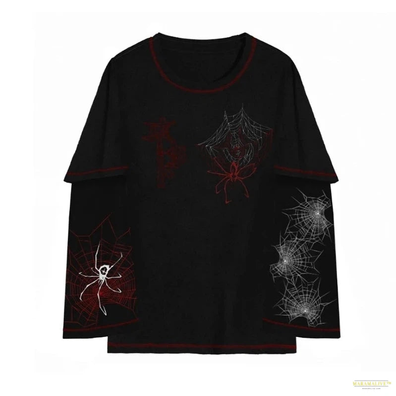 Y2K Long Sleeve Shirts Women Spider Web Graphic Print Top Spring Goth grunge Streetwear Loose Gothic Punk Top Women T Shirt emo