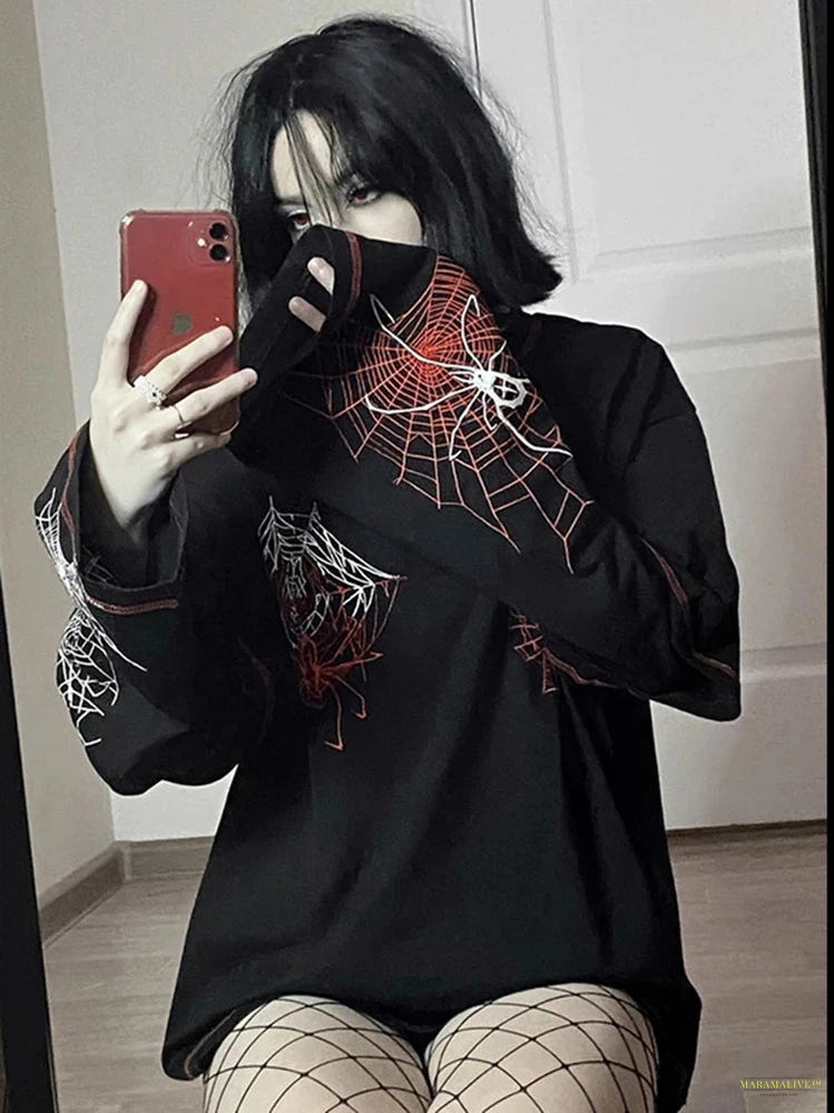 Y2K Long Sleeve Shirts Women Spider Web Graphic Print Top Spring Goth grunge Streetwear Loose Gothic Punk Top Women T Shirt emo