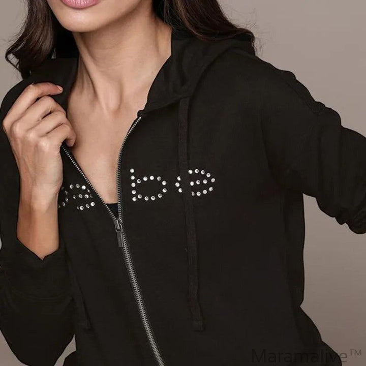 Y2K Rhinestone Letter Zip Up Hoodies Women Autumn Goth Zip Long Sleeve Short Jacket Coats Hip Hop Hooded Sweatshirt Top