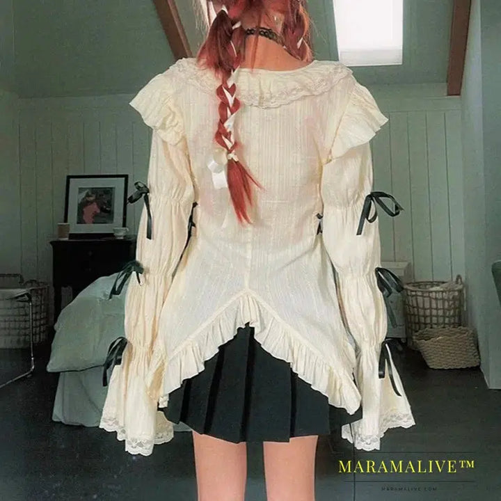 Y2k Aesthetics Lace Shirt Grunge Gothic Irregular Blouses Fairy Bandage Shirt Vintage Lolita Clothes Mall Goth