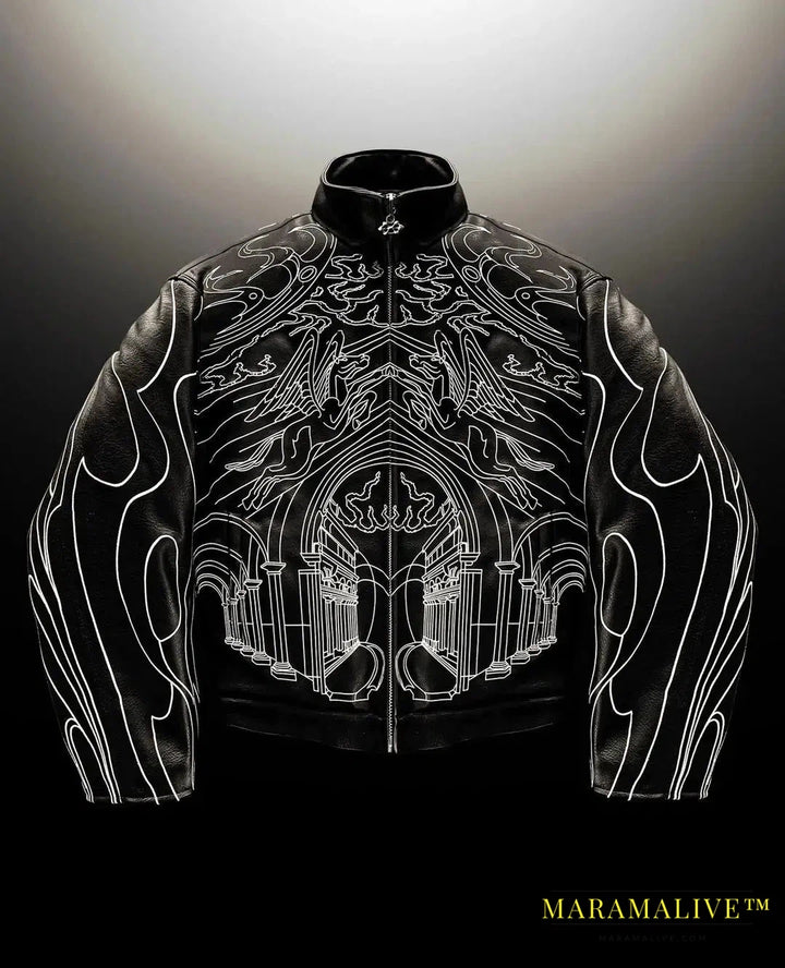 Y2k Jackets for Men Gothic Retro Black Leather Jacket Oversized Line Pattern Harajuku Punk Long Sleeve Zipper Jacket Clothing