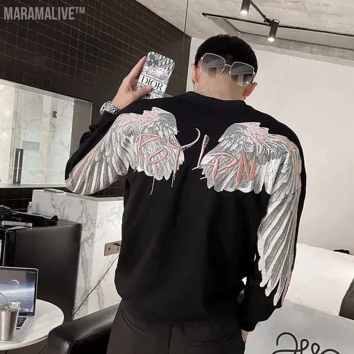 Y2k Pullover Harajuku Hip Hop Sweatshirt Loose Long Sleeved Men Top Oversized Wings Printed Jacket Cotton New Streetwear Men