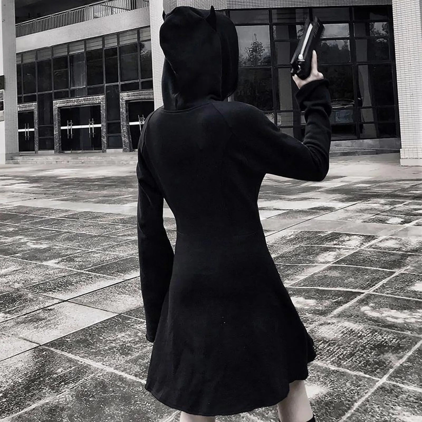 Y2k Vintage Hoodie For Women Goth Cat Ear Black Sweatshirt Solid Long Hoodie Dress Long Sleeve Slim Hoodie With Zipper Autumn