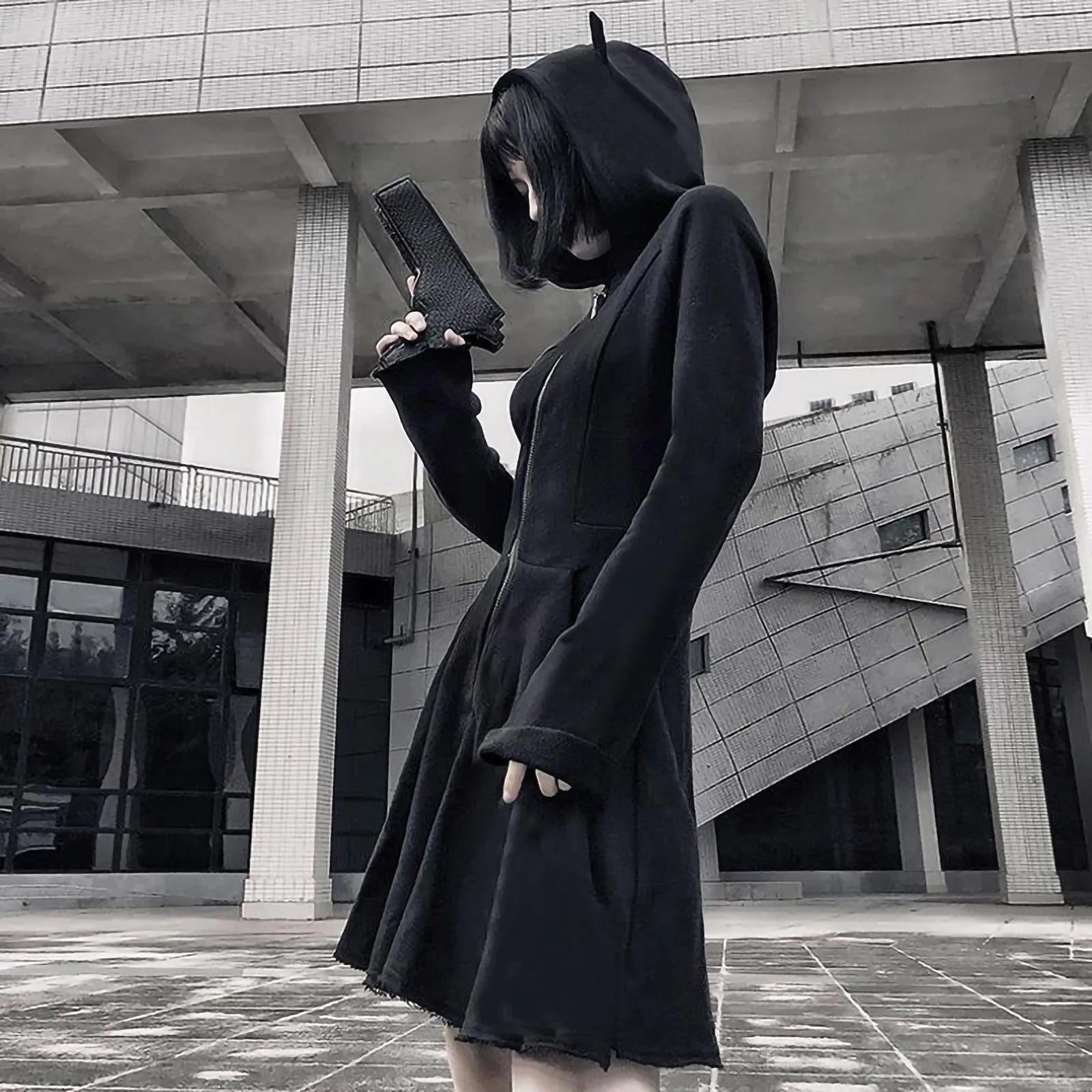 Y2k Vintage Hoodie For Women Goth Cat Ear Black Sweatshirt Solid Long Hoodie Dress Long Sleeve Slim Hoodie With Zipper Autumn