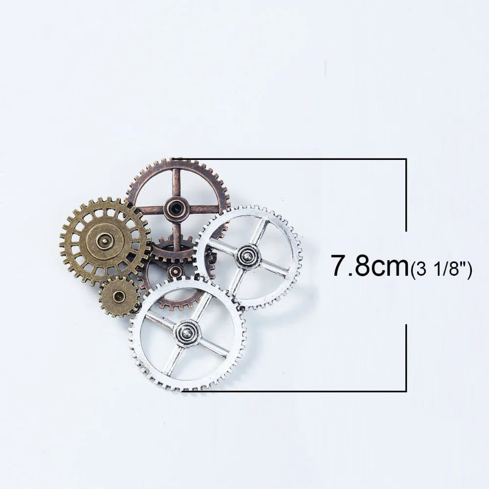 Zinc Based Alloy Silver Color & Antique Copper Steampunk Pin Brooches Gears Hollow 78mm x 78mm(3 1/8"), 1 Piece