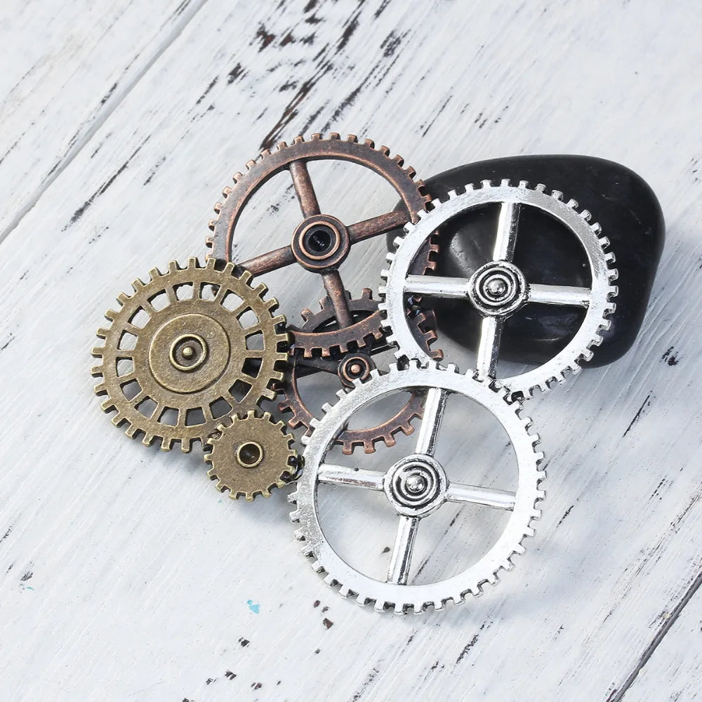 Zinc Based Alloy Silver Color & Antique Copper Steampunk Pin Brooches Gears Hollow 78mm x 78mm(3 1/8"), 1 Piece