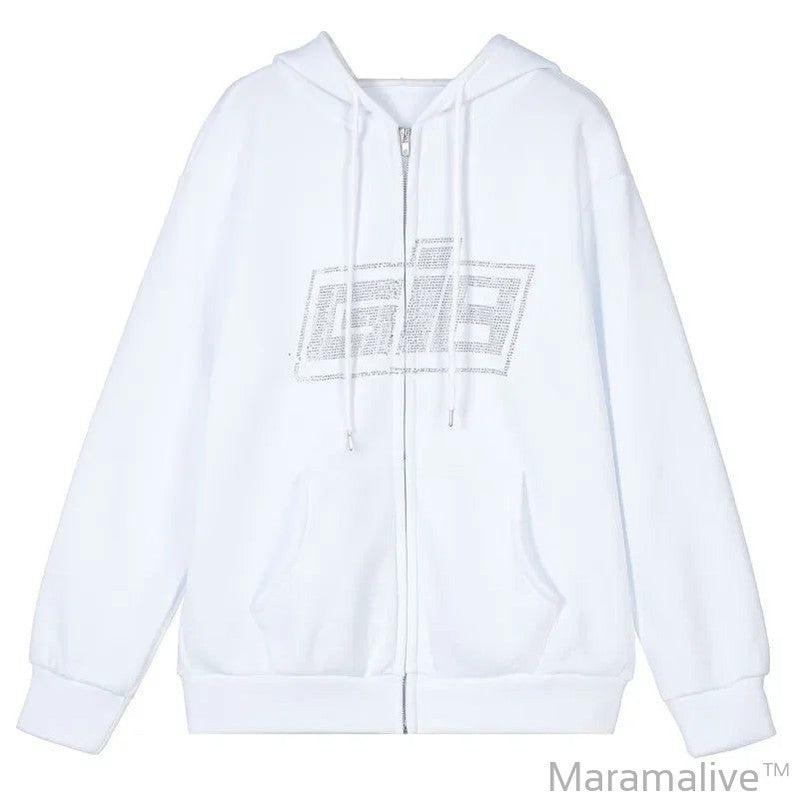 Zip Rhinestone Women Hoodie 2024 Oversized Hoodies E-girl Goth Punk Jacket Long Sleeve White Sweatshirts Trend Streetwear