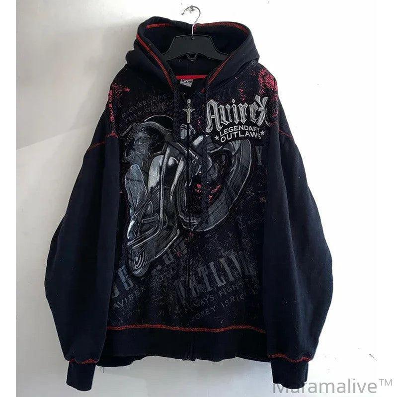 Zipper Hoodie Y2K goth Long Sleeve Sweatshirt Oversized Hooded Jacket Gothic Loose Streetwear Skull Anime Men Women