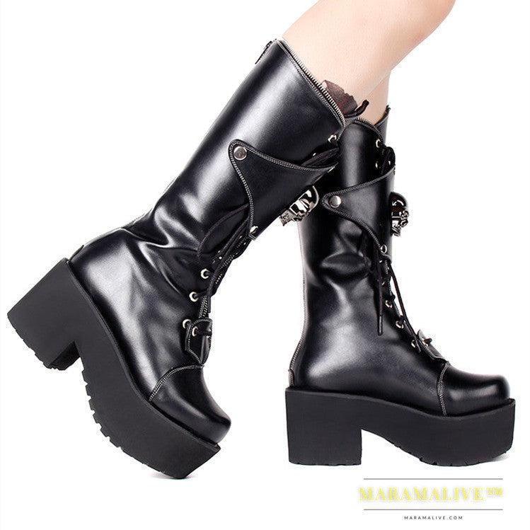 Zipper Studded Skull Punk Thick-soled High Boots