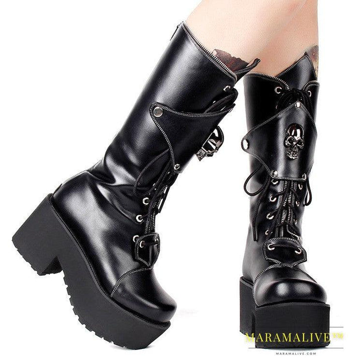 Zipper Studded Skull Punk Thick-soled High Boots