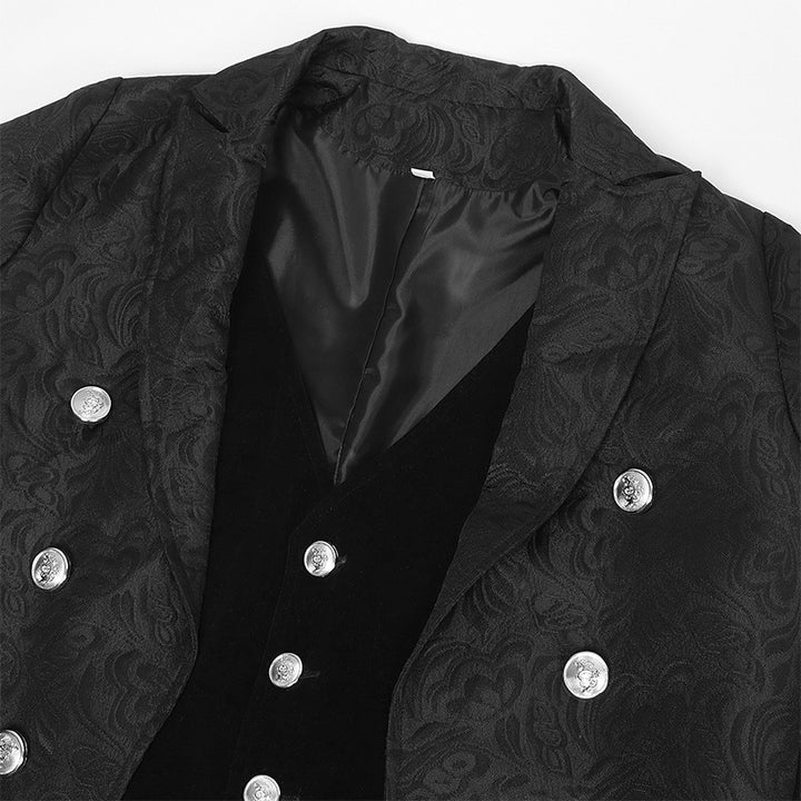 Close-up of a Men's Retro Gothic Style Swallowtail Mid-length Jacquard Blazer by Maramalive™ with silver buttons and a black vest beneath, perfect for neutral clothing or stage wear, displayed on a white background.