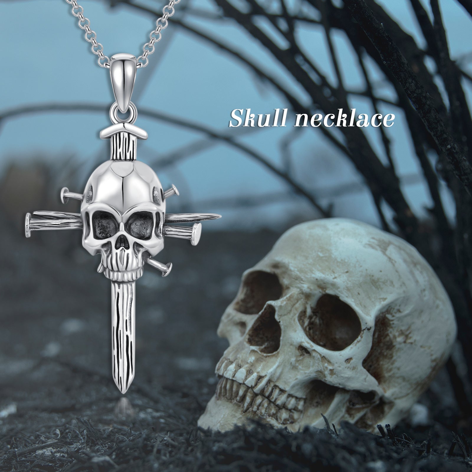 A Maramalive™ White Gold Plated Sterling Silver Skull Necklace with a cross on a silver chain.