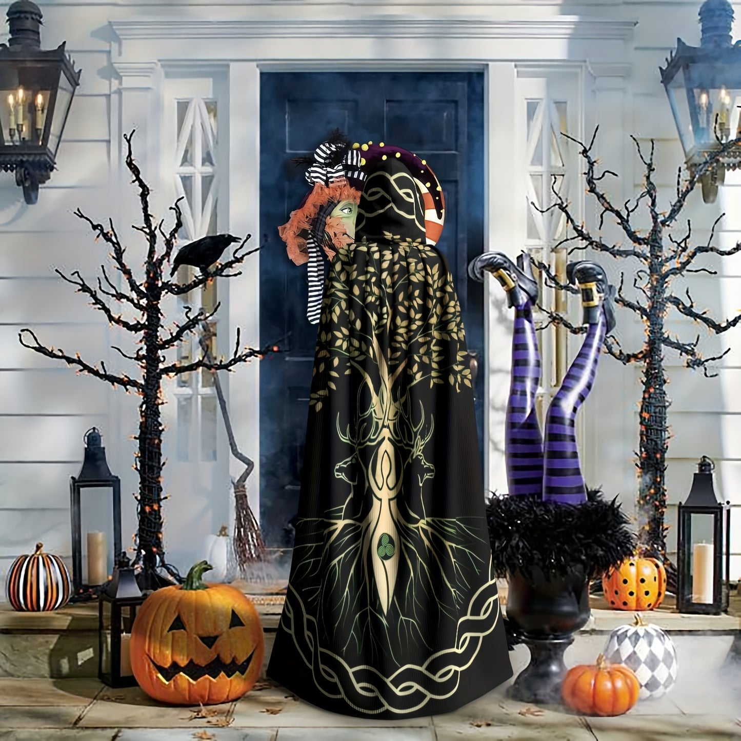 A person in a hooded, tree motif cloak stands in front of a door decorated for Halloween with pumpkins, lanterns, black trees, and witch legs; the vintage-inspired scene is accentuated by the intricate knitting details on their Maramalive™ 1pc, Nordic Style Viking Goddess Wiccan Wicca Halloween Wizard Witch Hooded Robe Cloak Christmas Hoodies Cape Cosplay For Adult Men Women Party Favors Supplies Dresses Clothes Gifts Costume.
