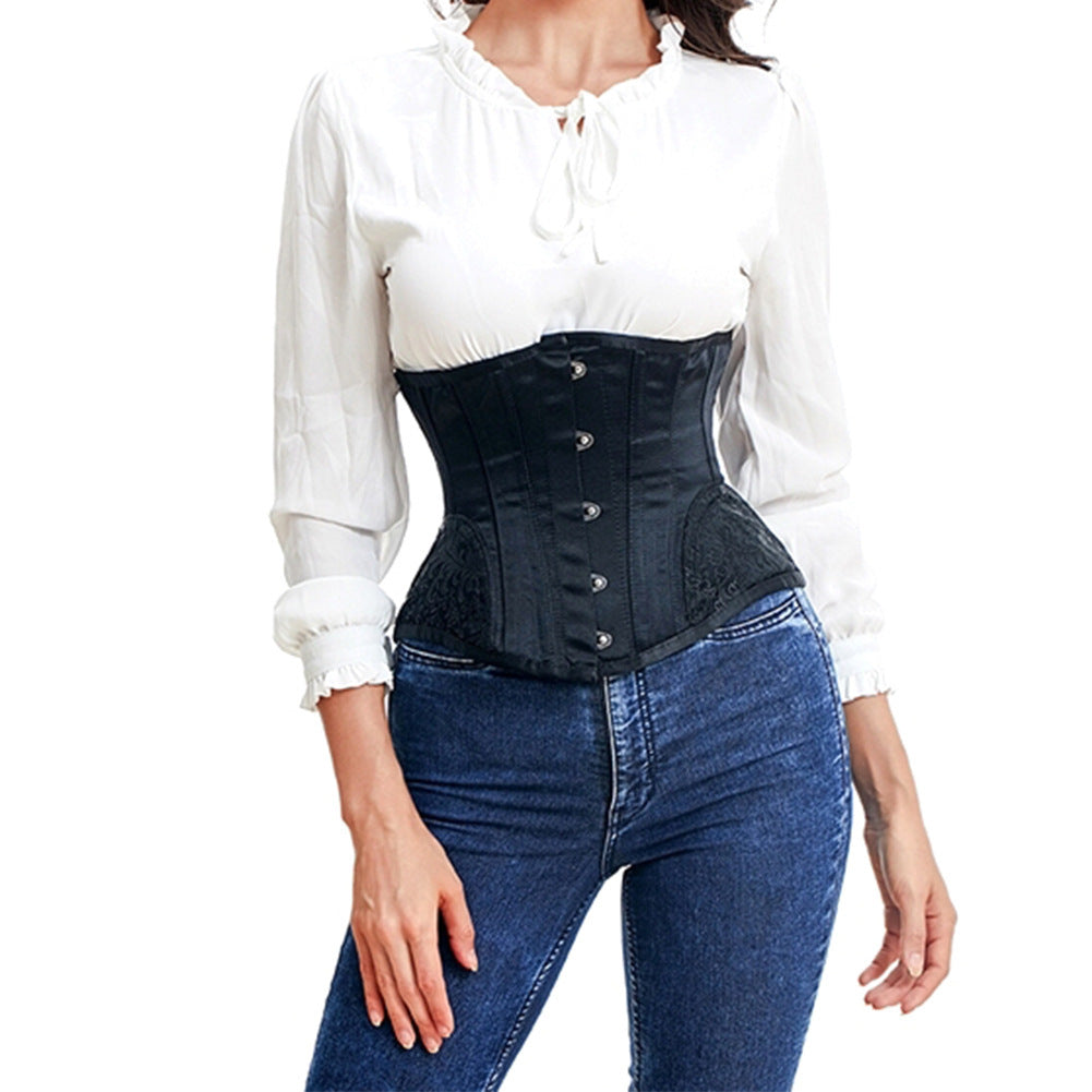 A woman showcasing color options in a Maramalive™ Ladies Slim Court Corset Gothic Short Girdle Black And White and jeans.
