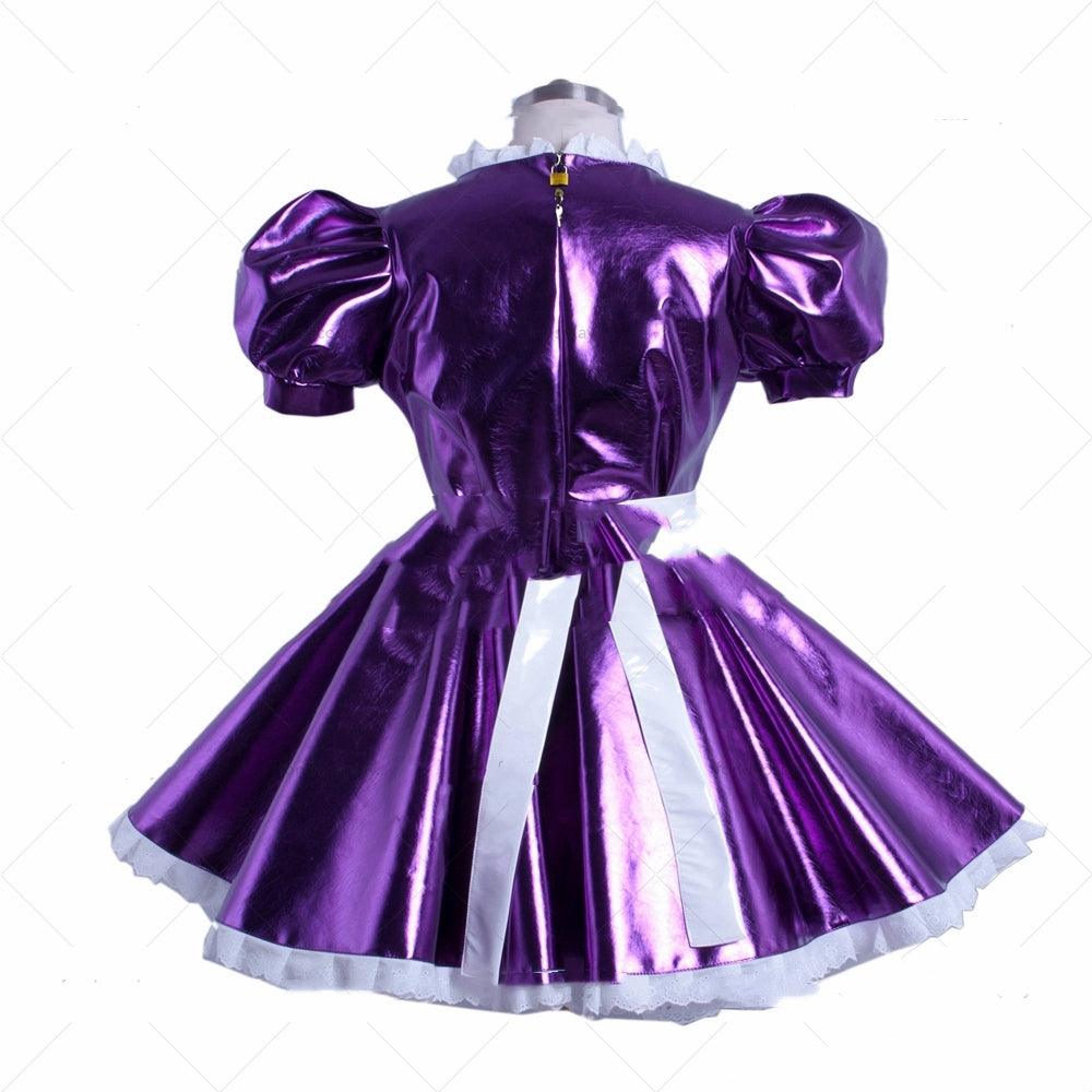 An eye-catching Purple PVC Patent Leather Maid Dress on a mannequin, perfect for women's clothing enthusiasts. (Brand: Maramalive™)