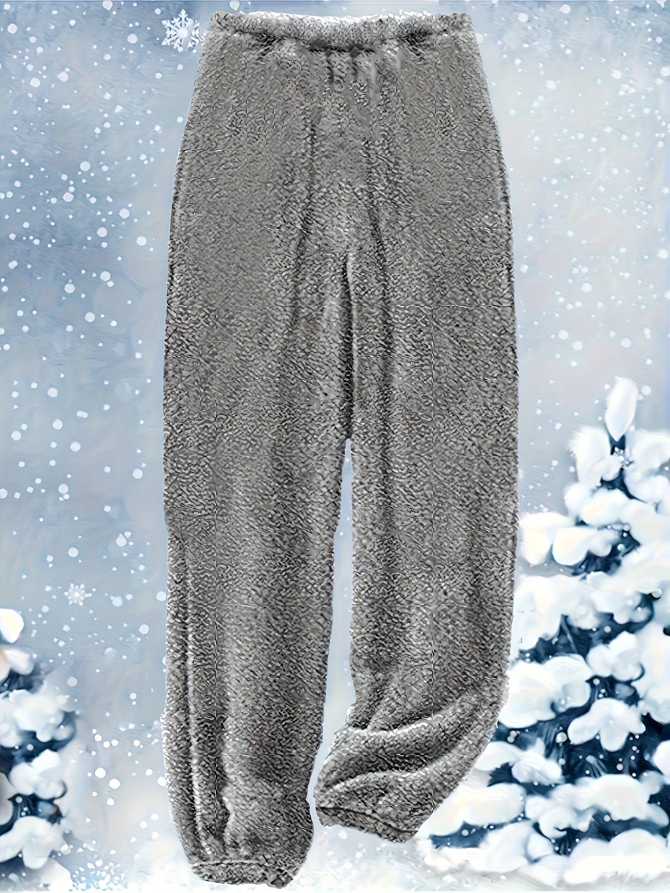 A Fuzzy Casual Two-piece Set, Letter Pattern Button Decor Hoodie & Pants Outfits is displayed against a snowy, winter-themed background. The casual pants appear to have an elastic waistband and are made from a plush polyester fabric. The solid color design enhances their versatile appeal for cozy winter days. This stylish ensemble is brought to you by Maramalive™.