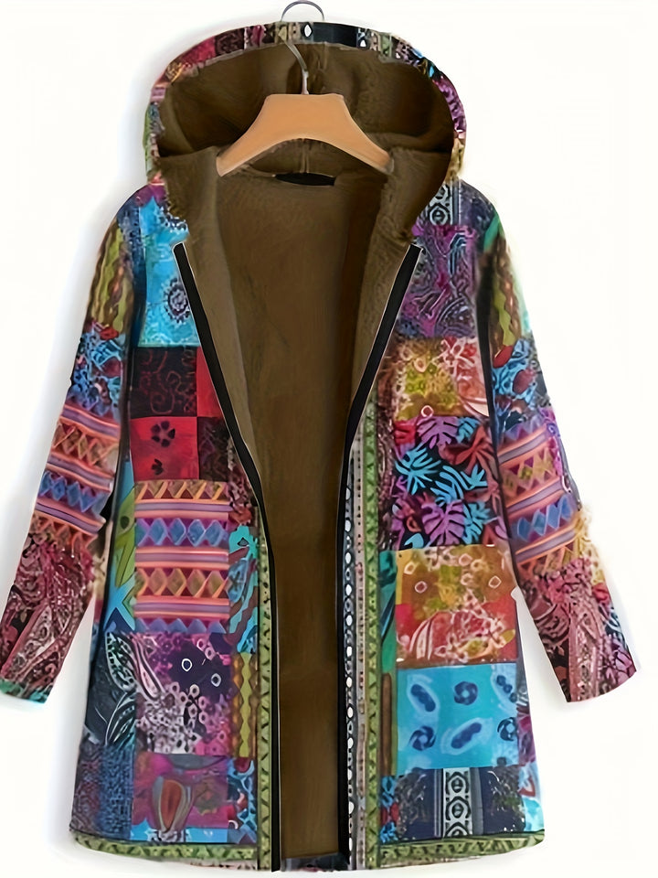 Brightly colored Maramalive™ Plus Size Boho Coat, Women's Plus Patchwork Print Liner Fleece Long Sleeve Zipper Hooded Tunic Coat With Pockets, featuring various vibrant patterns and an open front. The interior is lined with soft brown polyester fabric. Perfect for winter, the coat is displayed on a wooden hanger.