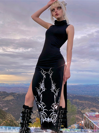 Split Thigh Turtleneck Dress, Gothic Sexy Sleeveless Graphic Print Dress, Women's Clothing