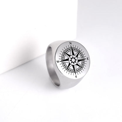 Stainless Steel Marking Silver Compass Ring