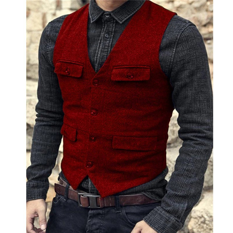 A person wearing a Maramalive™ European And American Men's Vest Casual Solid Color Herringbone Vest in red with four front pockets over a dark gray long-sleeve shirt and brown belt, showcasing a British style. The outfit, made from a comfortable cotton blend, is available in sizes XS to XXXL.