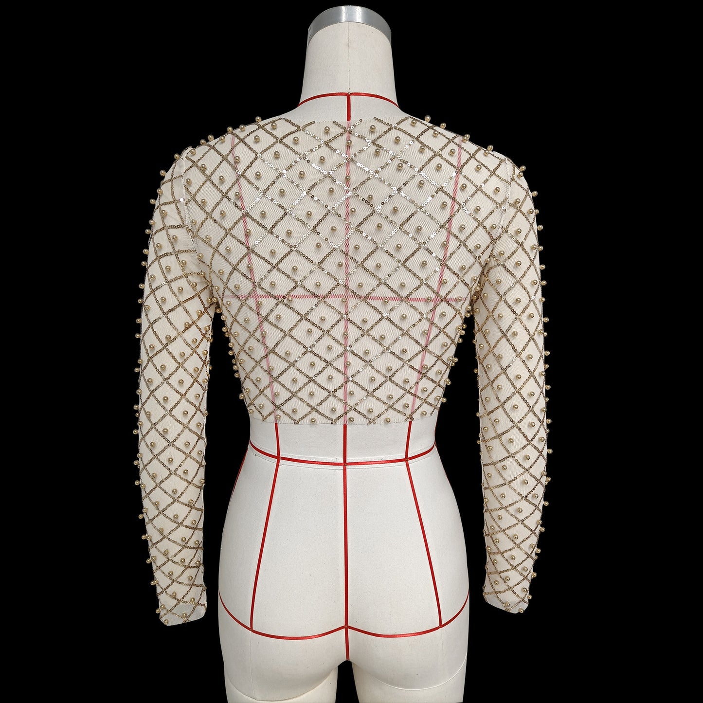 A back view of a mannequin showcases the Maramalive™ Mesh Studded Sequin Long-sleeved Shirt crafted from Polyester fiber with a geometric pattern made of transparent fabric, adorned with small beads. This piece perfectly captures celebrity style elegance.