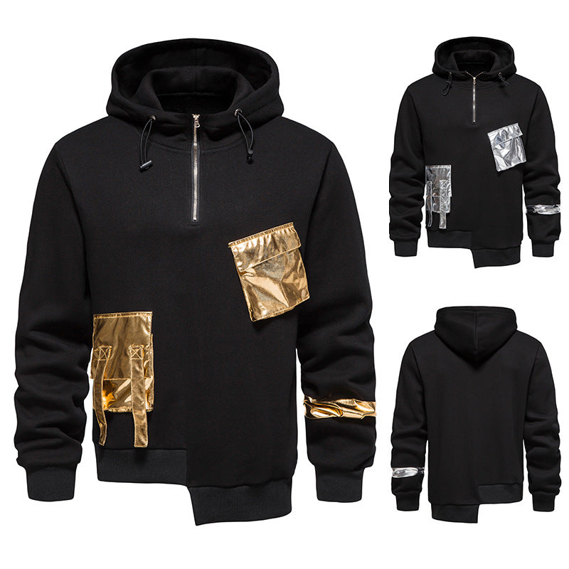 A Maramalive™ Men's Loose Dark Hoodie with long sleeves and metallic gold and silver patch details, including a gold patch on the left chest and lower right, and a silver patch on the right sleeve and lower back. Made from durable polyester fiber for added comfort.