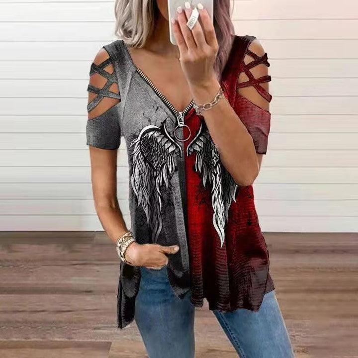 A street hipster dons the Maramalive™ Printed Contrast Color Short-sleeved V-neck Women's T-shirt with cut-out shoulder details, an angel wing design, and a V-neck lace-up front detail. Made of cotton blended fabric, this chic ensemble is perfectly paired with blue jeans.
