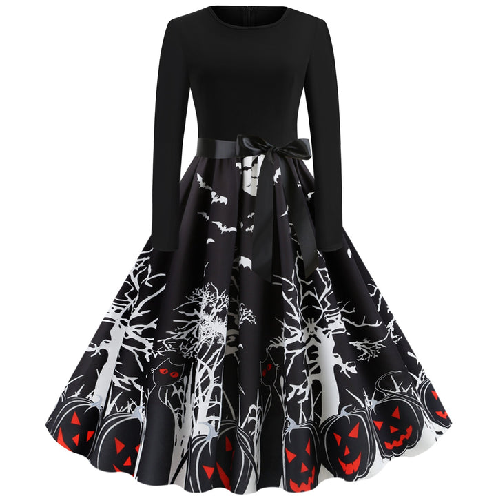 A Maramalive™ Halloween Retro Floral Print Swing Dress with pumpkins on it.