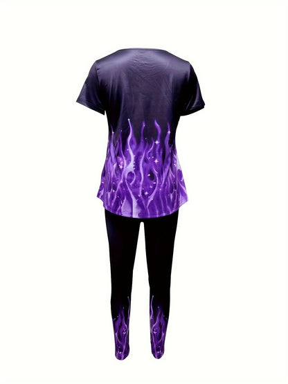 Casual Flame Print Two-piece Set, Short Sleeve Splicing Top & Stretchy Skinny Leggings Outfits, Women's Clothing