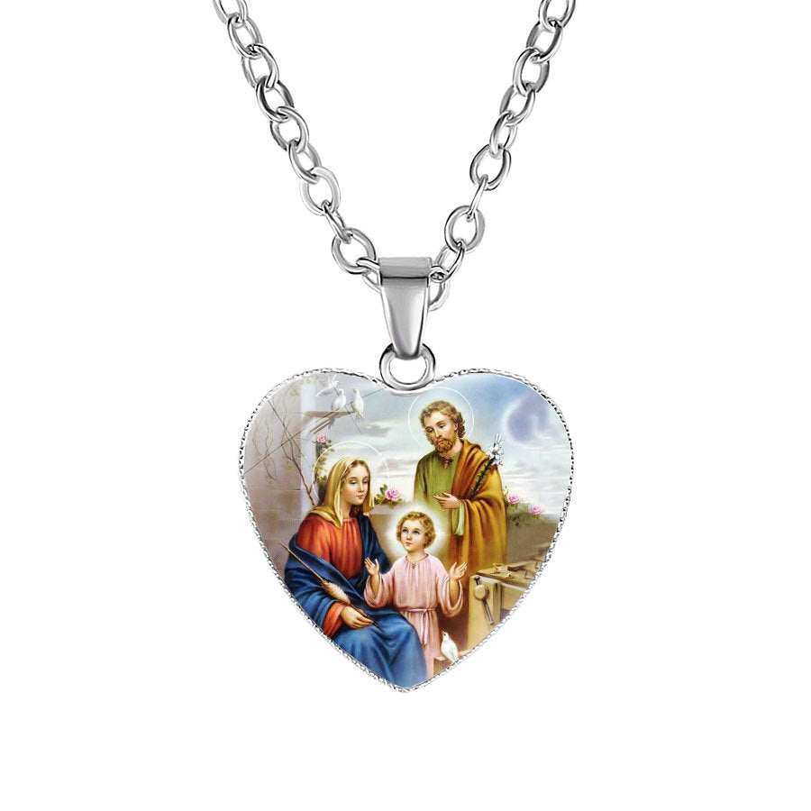 Catholic Virgin Head Portrait Heart-shaped Religious  Time Gemstone Necklace