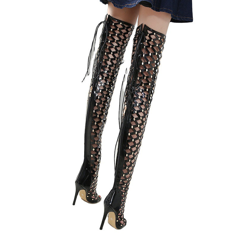 Studded Solid Color Cutout High Heel Boots