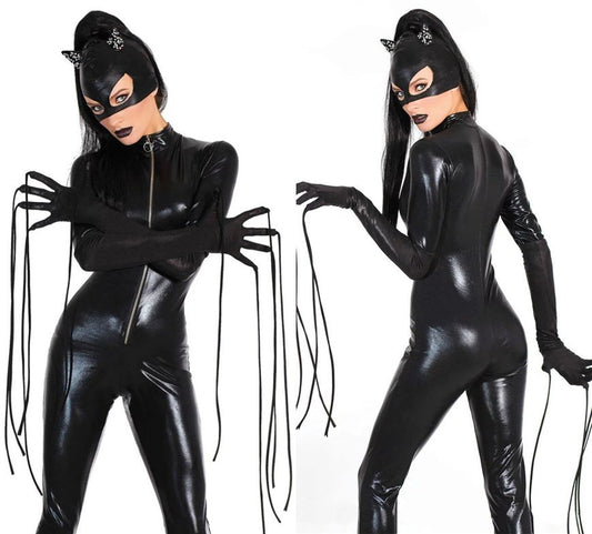 Transform into a seductive Catwoman with this black Halloween fancy dress catsuit. Made from high-quality artificial leather, this sexy costume is perfect for turning heads at any Halloween party.

Transform into a seductive Catwoman with the Maramalive™ Women Black Patent Leather Catgirl Bodysuit. Made from high-quality artificial leather, this sexy costume is perfect for turning heads at any Halloween party.