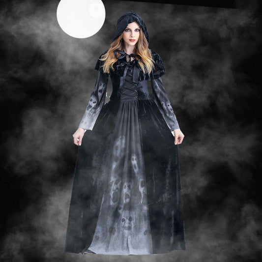 A woman in a Maramalive™ Halloween Women Medieval Gothic Witch Maleficent Horror Scary Cosplay Costume Carnival Party Ghost Long Black Hooded Dress standing in front of a full moon at a Halloween party.