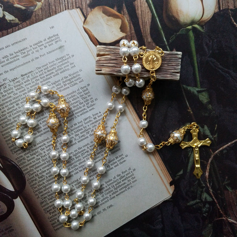 Retro Receptacle Benedict Cross Rosary Necklace