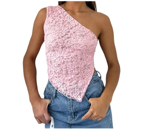 Person rocking a stylish, street hipster look with a pink Maramalive™ Ins Lace Backless Top Summer Solid Color Waistless Asymmetrical Sloped Neck Vest Streetwear Womens Clothes and blue jeans.