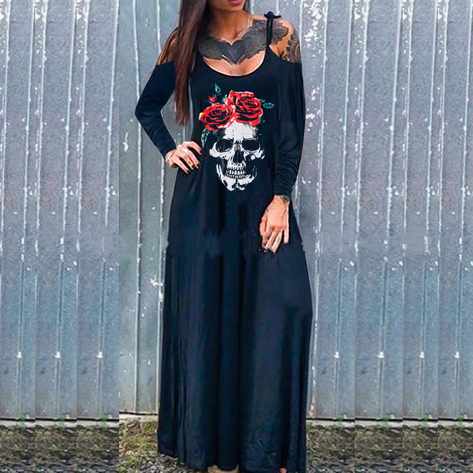 A woman in a ghoulishly glam black dress with a skull print wearing the Maramalive™ Drop Dead Gorgeous - Strap Style Skull Mid-length Print Dress.