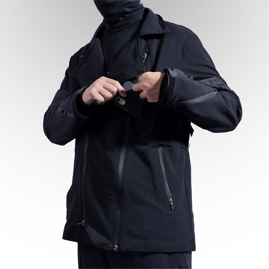 A man is wearing a Maramalive™ Men's Fashion Personality Functional Suit Biker Jacket with a hood.